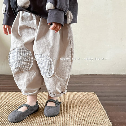 -キッズ チェック 膝パッチ ルーズ パンツ ズボン - mamahalo shop - ロングパンツ・スウェットパンツ -  べビー服 - 子供服 - 男の子 - 女の子
