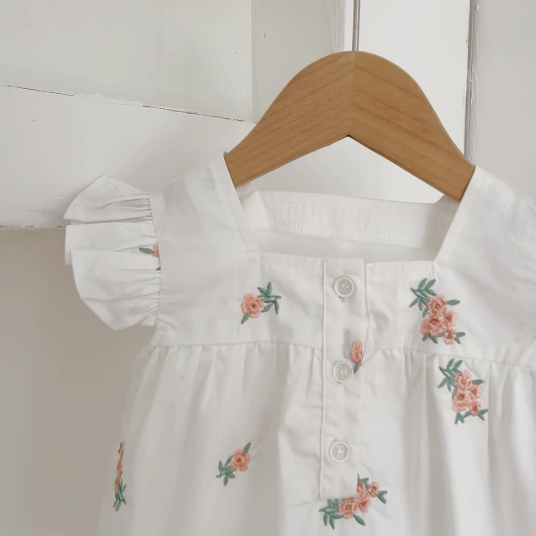 -ベビー フラワー 刺繍 フリル ロンパース ボンネット 帽子 セット - mamahalo shop - 半袖ロンパース -  べビー服 - 子供服 - 男の子 - 女の子