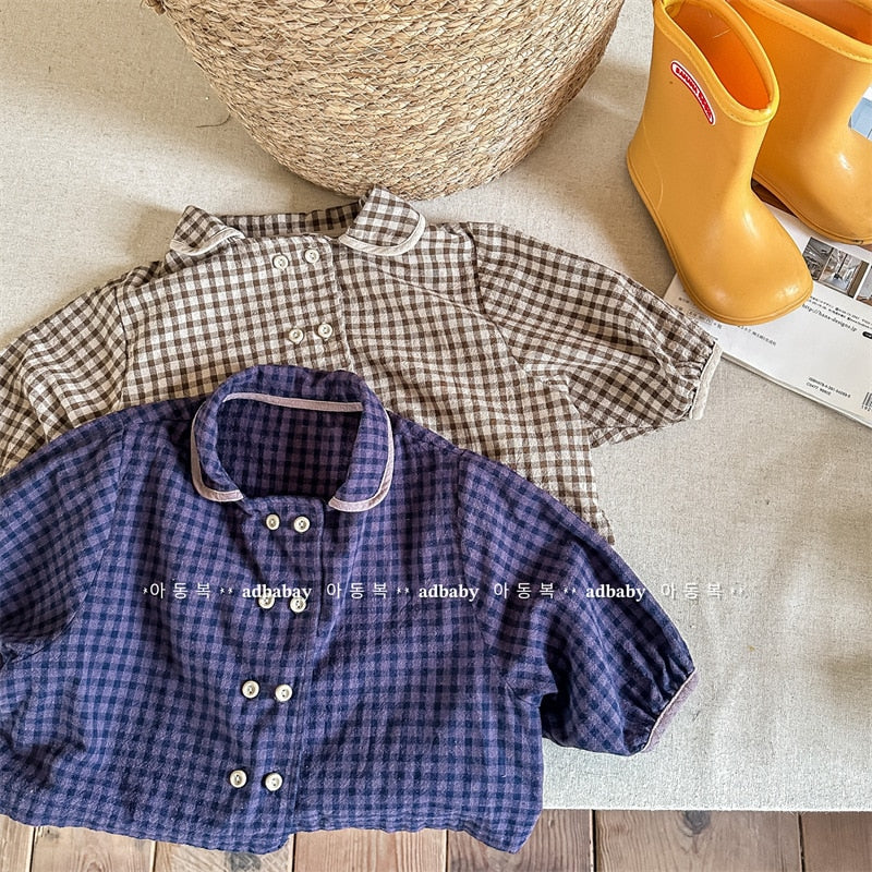 -キッズ チェック ダブルボタン 長袖 ルーズ シャツ ブラウス - mamahalo shop - 長袖シャツ・ブラウス -  べビー服 - 子供服 - 男の子 - 女の子