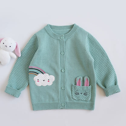 -キッズ うさぎ レインボー 刺繍 ニット ポケット カーディガン グリーン ガールズ - mamahalo shop - カーディガン・パーカー -  べビー服 - 子供服 - 男の子 - 女の子
