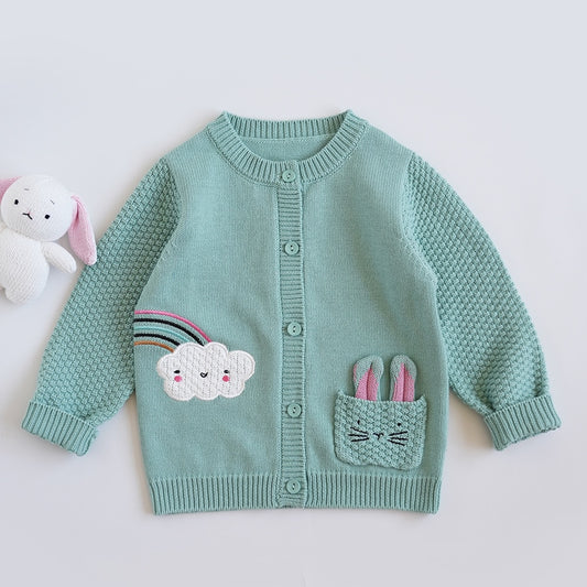 -キッズ うさぎ レインボー 刺繍 ニット ポケット カーディガン グリーン ガールズ - mamahalo shop - カーディガン・パーカー -  べビー服 - 子供服 - 男の子 - 女の子