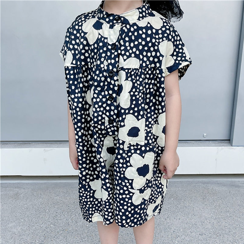 -キッズ 北欧風 ビッグ フラワー 半袖 ルーズ ジャンプスーツ つなぎ - mamahalo shop - 半袖ジャンプスーツ -  べビー服 - 子供服 - 男の子 - 女の子