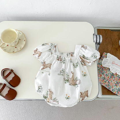 ベビー うさぎ バニー ラビット 半袖 リボン パフスリーブ ロンパース - mamahalo shop - 半袖ロンパース - ベビー服 - 子供服 - 男の子 - 女の子