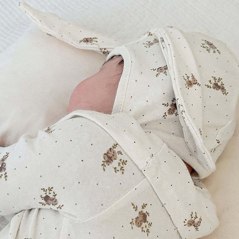 -ベビー フラワー フリルカラー 長袖 ロンパース うさ耳 帽子 セット - mamahalo shop - 長袖ロンパース -  べビー服 - 子供服 - 男の子 - 女の子