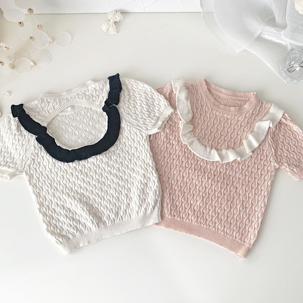 -キッズ ニット バックオープン 半袖 Tシャツ ブラウス カットソー ホワイト ピンク ガールズ - mamahalo shop - ニット・セーター -  べビー服 - 子供服 - 男の子 - 女の子