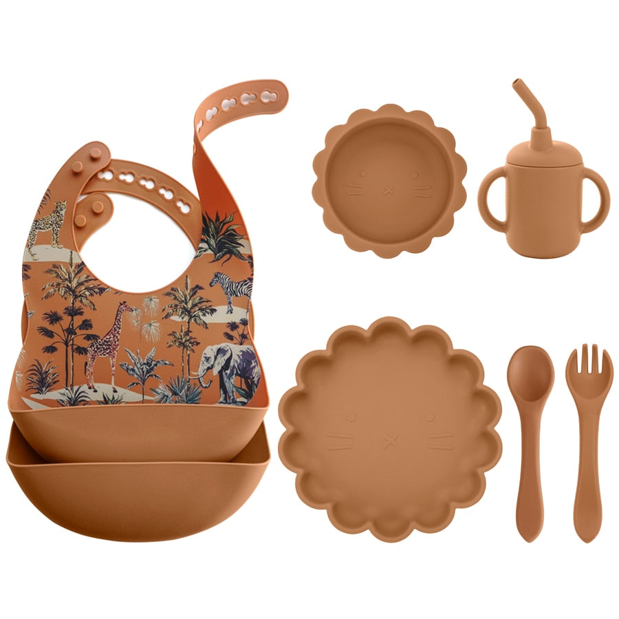 -6個セット シリコン セット ベビー ビブ 吸盤 ボウル カップ トレーニング スプーン フォーク - mamahalo shop - ベビーキッズ食器 -  べビー服 - 子供服 - 男の子 - 女の子