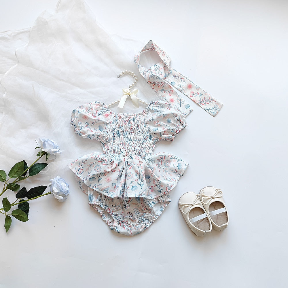 -ベビー フラワー 花柄 シャーリング スカート 半袖 ロンパース ドレス リボン セット ガールズ【mh0002073】 - mamahalo shop - 半袖ロンパース -  べビー服 - 子供服 - 男の子 - 女の子