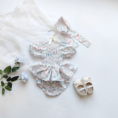 -ベビー フラワー 花柄 シャーリング スカート 半袖 ロンパース ドレス リボン セット ガールズ【mh0002073】 - mamahalo shop - 半袖ロンパース -  べビー服 - 子供服 - 男の子 - 女の子