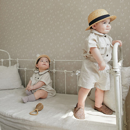 -ベビー キッズ サマー セットアップ ストライプ チェック 半袖 シャツ ブラウス ショートパンツ ベージュ ユニセックス - mamahalo shop - 半袖セットアップ -  べビー服 - 子供服 - 男の子 - 女の子
