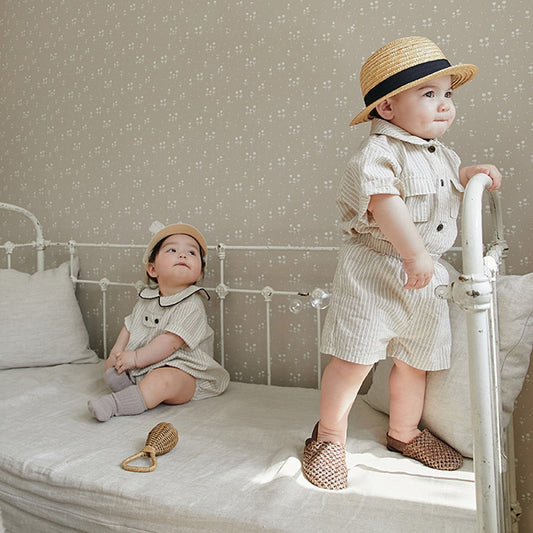 -ベビー キッズ サマー セットアップ ストライプ チェック 半袖 シャツ ブラウス ショートパンツ ベージュ ユニセックス - mamahalo shop - 半袖セットアップ -  べビー服 - 子供服 - 男の子 - 女の子