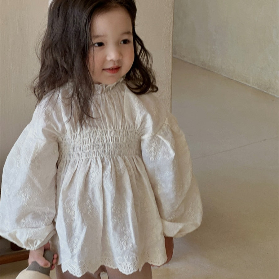 -キッズ レース 刺繍 長袖 ランタンスリーブ チュニック ブラウス トップス ガールズ - mamahalo shop - 長袖シャツ・ブラウス -  べビー服 - 子供服 - 男の子 - 女の子