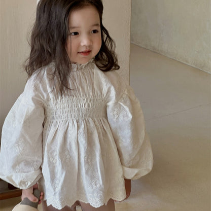 -キッズ レース 刺繍 長袖 ランタンスリーブ チュニック ブラウス トップス ガールズ - mamahalo shop - 長袖シャツ・ブラウス -  べビー服 - 子供服 - 男の子 - 女の子