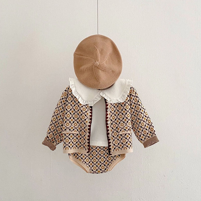 -ベビー レトロフラワー ニット 長袖 カーディガン ジャケット ブルマ パンツ - mamahalo shop - カーディガン・パーカー -  べビー服 - 子供服 - 男の子 - 女の子