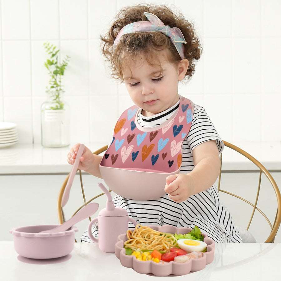 -6個セット シリコン セット ベビー ビブ 吸盤 ボウル カップ トレーニング スプーン フォーク - mamahalo shop - ベビーキッズ食器 -  べビー服 - 子供服 - 男の子 - 女の子