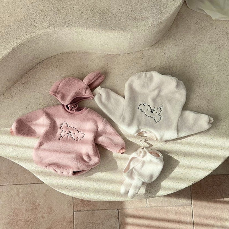 -ベビー プードル 犬 ボア フリース  長袖 ロンパース 耳帽子 セット - mamahalo shop - 長袖ロンパース -  べビー服 - 子供服 - 男の子 - 女の子