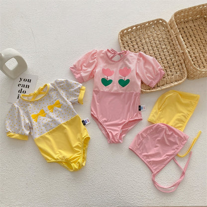 -キッズ 水着 ワンピース リボン チューリップ 帽子 セット スイムウェア【mh0001892】 - mamahalo shop - ベビー用水着 -  べビー服 - 子供服 - 男の子 - 女の子