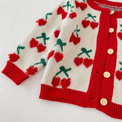 -ベビー ニット セットアップ ハート チェリー さくらんぼ カーディガン サスペンダー ロンパース - mamahalo shop - ロンパースセットアップ -  べビー服 - 子供服 - 男の子 - 女の子