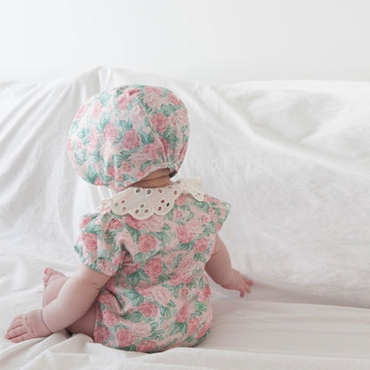 -ベビー ローズ フラワー レースカラー 半袖 ロンパース ボンネット 帽子 セット【mh0001943】 - mamahalo shop - 半袖ロンパース -  べビー服 - 子供服 - 男の子 - 女の子