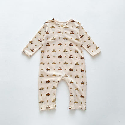 -ベビー 長袖 プリント ロンパース ジャンプスーツ 車 くるま フラワー - mamahalo shop - 長袖ロンパース -  べビー服 - 子供服 - 男の子 - 女の子