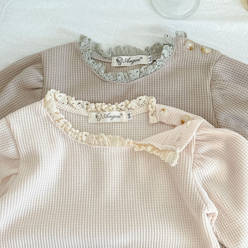 -ベビー レース ワッフル 長袖 ロンパース ジャンプスーツ - mamahalo shop - 長袖ロンパース -  べビー服 - 子供服 - 男の子 - 女の子