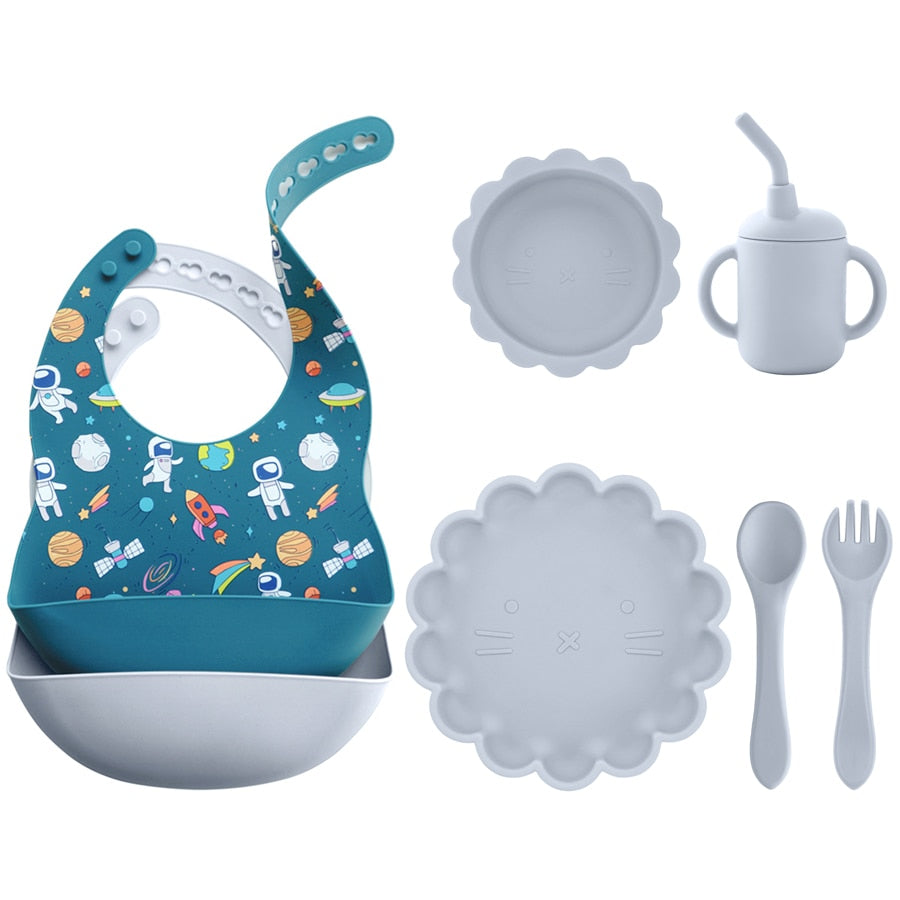 -6個セット シリコン セット ベビー ビブ 吸盤 ボウル カップ トレーニング スプーン フォーク - mamahalo shop - ベビーキッズ食器 -  べビー服 - 子供服 - 男の子 - 女の子