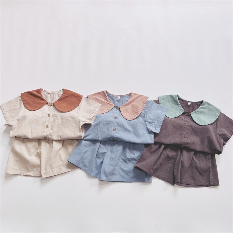 -キッズ セットアップ 丸襟 半袖 シャツ ブラウス ショートパンツ ベージュ ブルー グレー ユニセックス - mamahalo shop - 半袖セットアップ -  べビー服 - 子供服 - 男の子 - 女の子