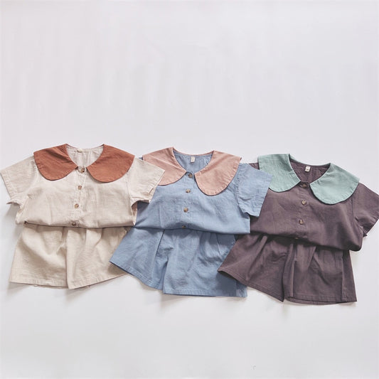 -キッズ セットアップ 丸襟 半袖 シャツ ブラウス ショートパンツ ベージュ ブルー グレー ユニセックス - mamahalo shop - 半袖セットアップ -  べビー服 - 子供服 - 男の子 - 女の子