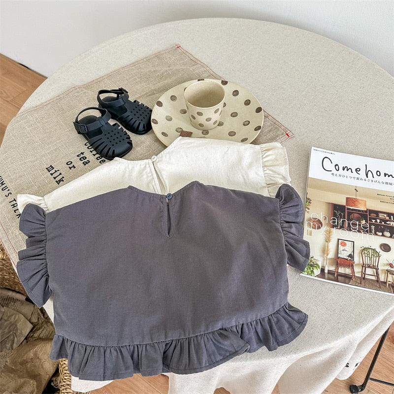 -キッズ ラッフル フリル  ピンタック ブラウス トップス - mamahalo shop - 半袖シャツ・ブラウス -  べビー服 - 子供服 - 男の子 - 女の子