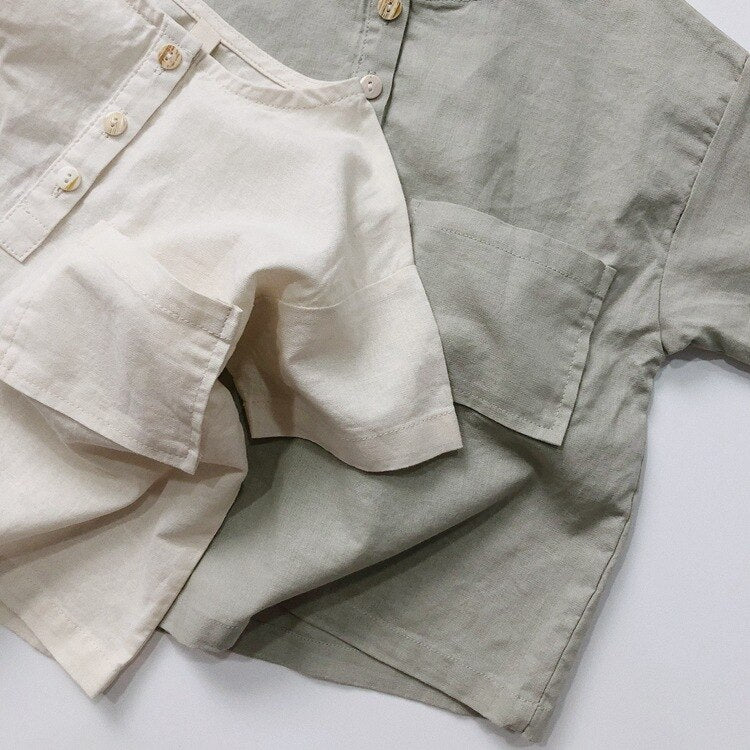 -キッズ コットンリネン 半袖 シャツ ブラウス - mamahalo shop - 半袖シャツ・ブラウス -  べビー服 - 子供服 - 男の子 - 女の子