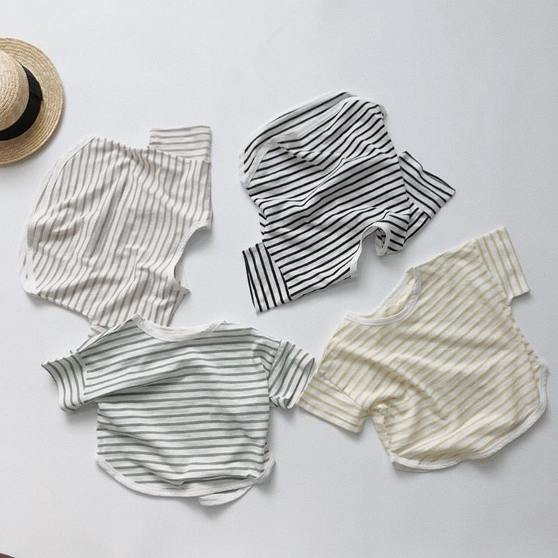 -キッズ ボーダー ルーズ 半袖 Tシャツ トップス 4カラー ユニセックス - mamahalo shop - 半袖Tシャツ -  べビー服 - 子供服 - 男の子 - 女の子