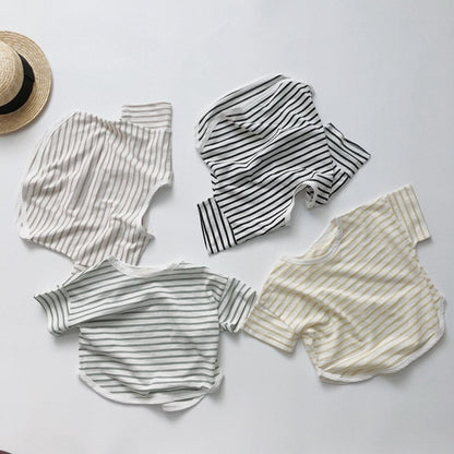 -キッズ ボーダー ルーズ 半袖 Tシャツ トップス 4カラー ユニセックス - mamahalo shop - 半袖Tシャツ -  べビー服 - 子供服 - 男の子 - 女の子