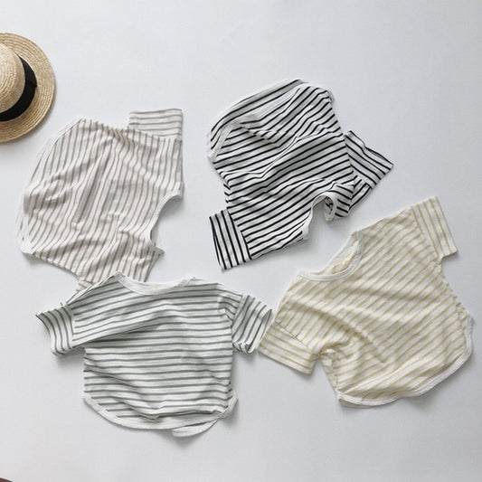 -キッズ ボーダー ルーズ 半袖 Tシャツ トップス 4カラー ユニセックス - mamahalo shop - 半袖Tシャツ -  べビー服 - 子供服 - 男の子 - 女の子