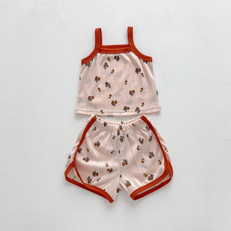 -ベビー メッシュ セットアップ キャミソール トップス ショートパンツ レモン フラワー 洋梨【mh0001811】 - mamahalo shop - ノースリーブセットアップ -  べビー服 - 子供服 - 男の子 - 女の子