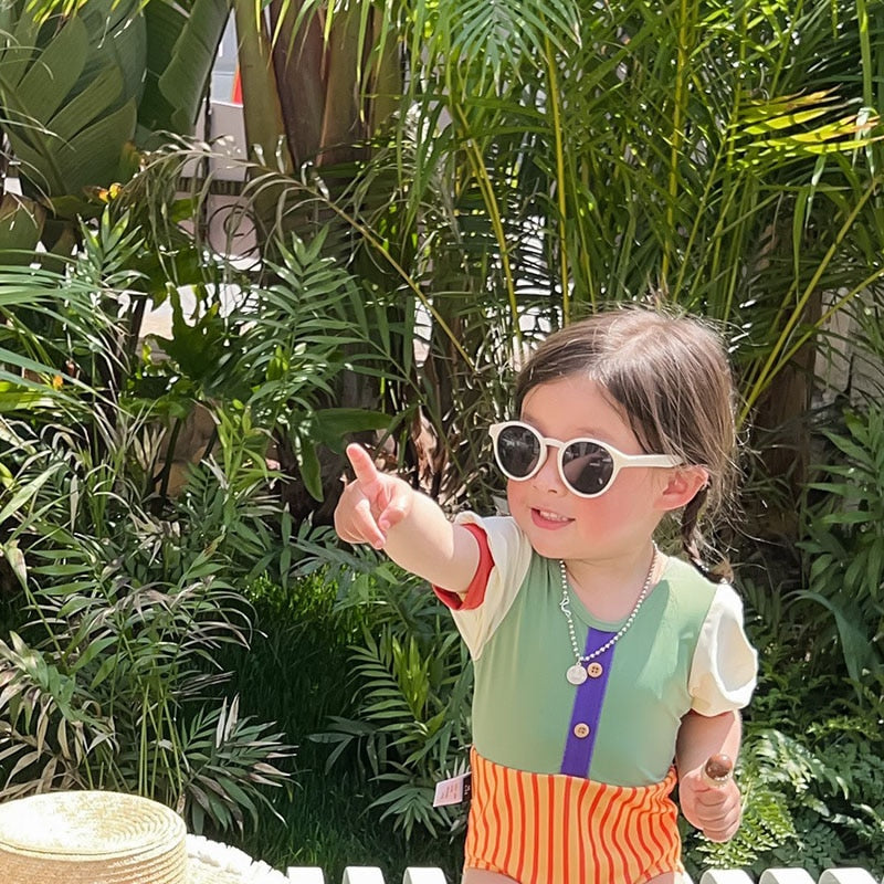 -キッズ 水着 パッチワーク 半袖 切り替え ワンピース ガールズ スイムウェア【mh0001863】 - mamahalo shop - ベビー用水着 -  べビー服 - 子供服 - 男の子 - 女の子