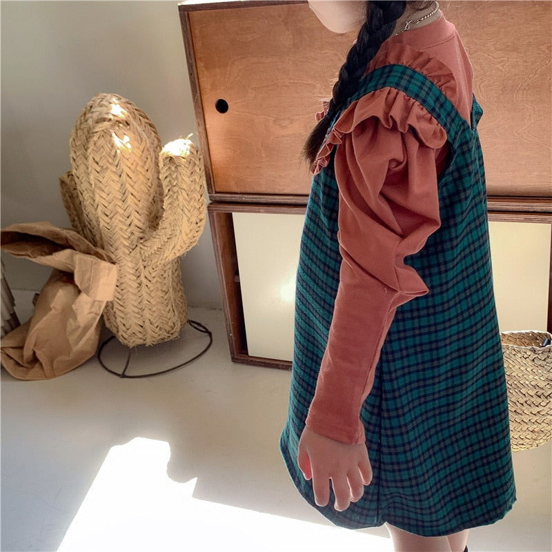 -キッズ セットアップ チェック フリル サスペンダー ワンピース パフスリーブ 長袖 Tシャツ - mamahalo shop - 長袖セットアップ -  べビー服 - 子供服 - 男の子 - 女の子