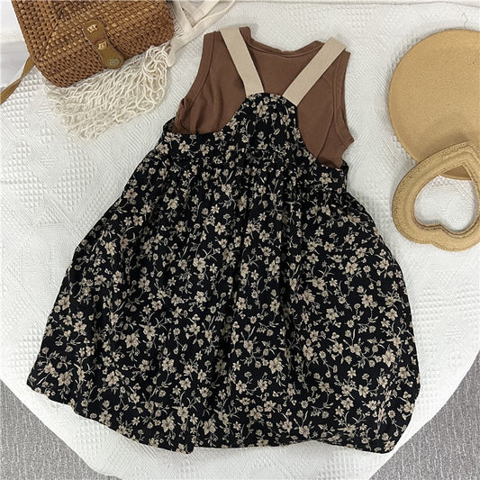 -キッズ フラワー 小花柄 キャミソール サスペンダー フロントボタン ワンピース - mamahalo shop - ノースリーブワンピース -  べビー服 - 子供服 - 男の子 - 女の子