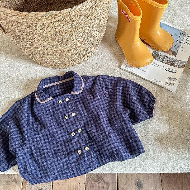 -キッズ チェック ダブルボタン 長袖 ルーズ シャツ ブラウス - mamahalo shop - 長袖シャツ・ブラウス -  べビー服 - 子供服 - 男の子 - 女の子