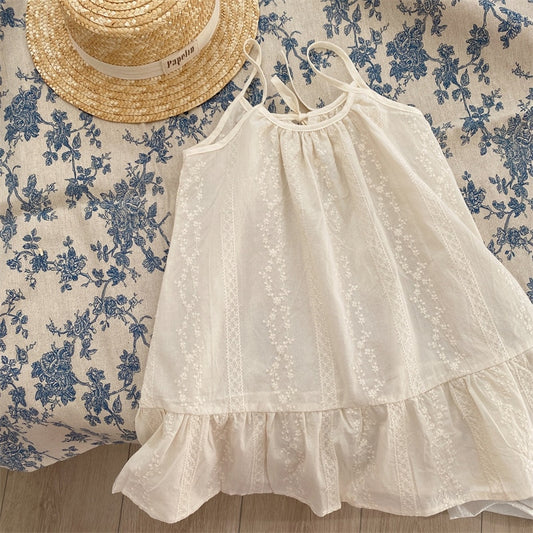 -キッズ フラワー 刺繍 レース フリル キャミソール ワンピース - mamahalo shop - ノースリーブワンピース -  べビー服 - 子供服 - 男の子 - 女の子