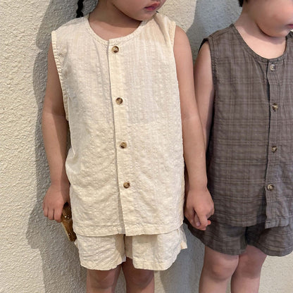 -☺︎ キッズ セットアップ ノースリーブ シャツ トップス ルーズ ショートパンツ - mamahalo shop - ノースリーブセットアップ -  べビー服 - 子供服 - 男の子 - 女の子