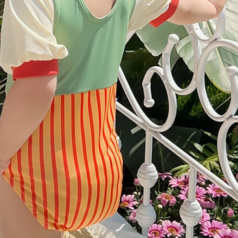 -キッズ 水着 パッチワーク 半袖 切り替え ワンピース ガールズ スイムウェア【mh0001863】 - mamahalo shop - ベビー用水着 -  べビー服 - 子供服 - 男の子 - 女の子