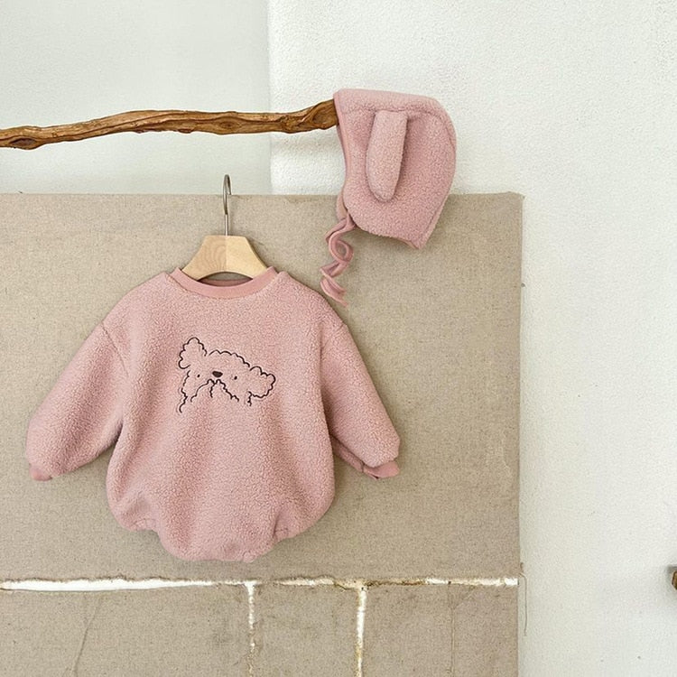 -ベビー プードル 犬 ボア フリース  長袖 ロンパース 耳帽子 セット - mamahalo shop - 長袖ロンパース -  べビー服 - 子供服 - 男の子 - 女の子