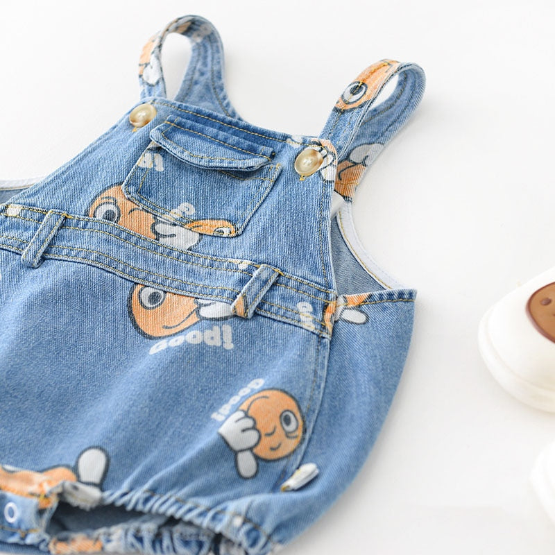 -ベビー プリント デニム オーバーオール サスペンダー ロンパース 帽子 セット - mamahalo shop - オーバーオール -  べビー服 - 子供服 - 男の子 - 女の子