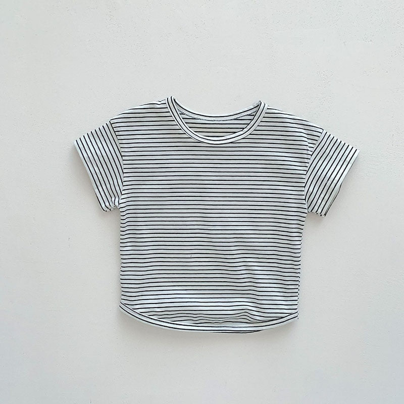 -ベビー セットアップ デニム ハート サスペンダー ロンパース ボーダー 半袖 Tシャツ - mamahalo shop - 半袖セットアップ -  べビー服 - 子供服 - 男の子 - 女の子