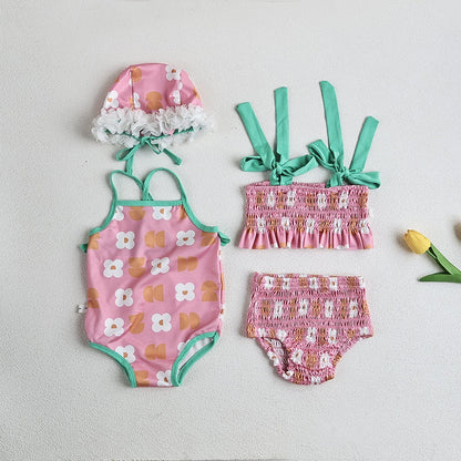 -ベビー 水着 ワンピース ビキニ セパレート レトロフラワー スイムウェア ガールズ【mh0002436】 - mamahalo shop - ベビー用水着 -  べビー服 - 子供服 - 男の子 - 女の子