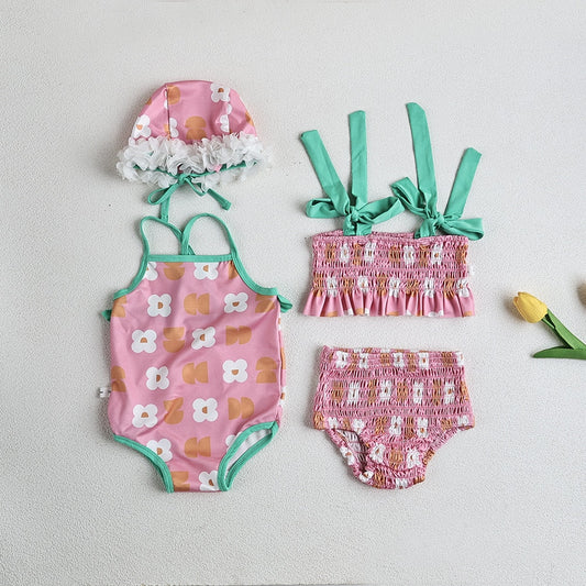 -ベビー 水着 ワンピース ビキニ セパレート レトロフラワー スイムウェア ガールズ【mh0002436】 - mamahalo shop - ベビー用水着 -  べビー服 - 子供服 - 男の子 - 女の子