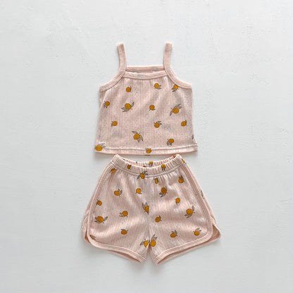 -ベビー メッシュ セットアップ キャミソール トップス ショートパンツ レモン フラワー 洋梨【mh0001811】 - mamahalo shop - ノースリーブセットアップ -  べビー服 - 子供服 - 男の子 - 女の子