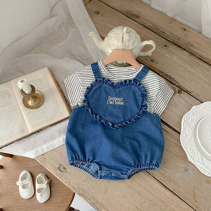 -ベビー セットアップ デニム ハート サスペンダー ロンパース ボーダー 半袖 Tシャツ - mamahalo shop - 半袖セットアップ -  べビー服 - 子供服 - 男の子 - 女の子