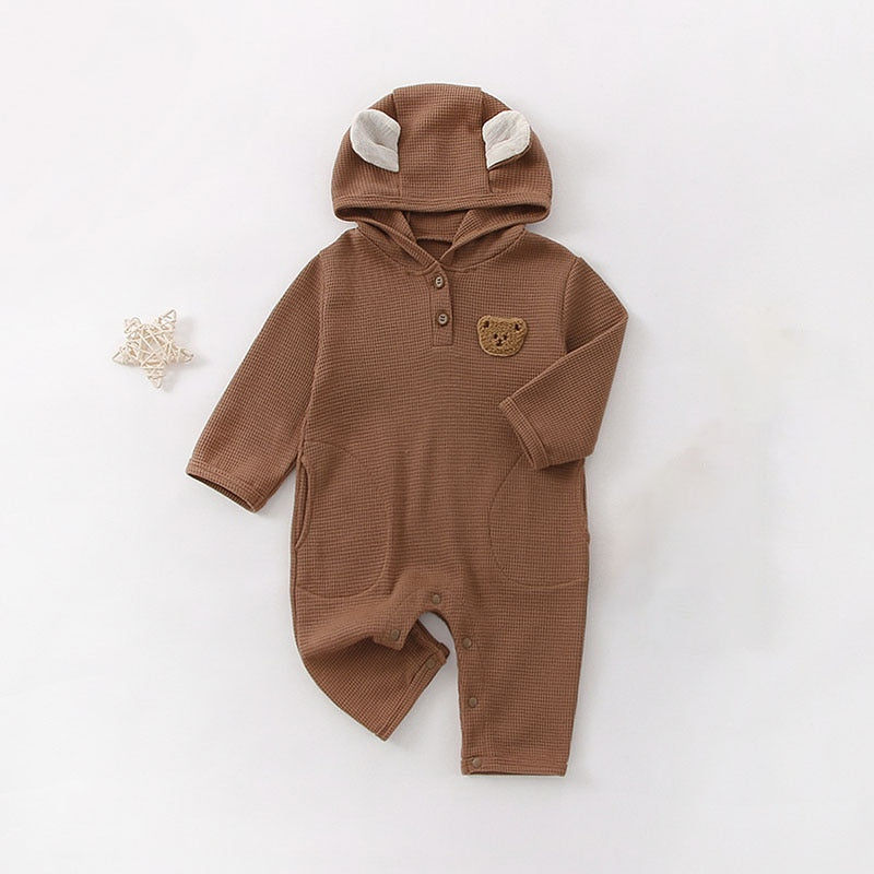 -ベビー くま ベア ワッフル フーディ 長袖 ロンパース ジャンプスーツ - mamahalo shop - 長袖ロンパース -  べビー服 - 子供服 - 男の子 - 女の子