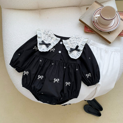 -☺︎ ベビー フラワー レース リボン 長袖 ロンパース ワンピース 足つきレギンスパンツ タイツ - mamahalo shop - 長袖ロンパース -  べビー服 - 子供服 - 男の子 - 女の子