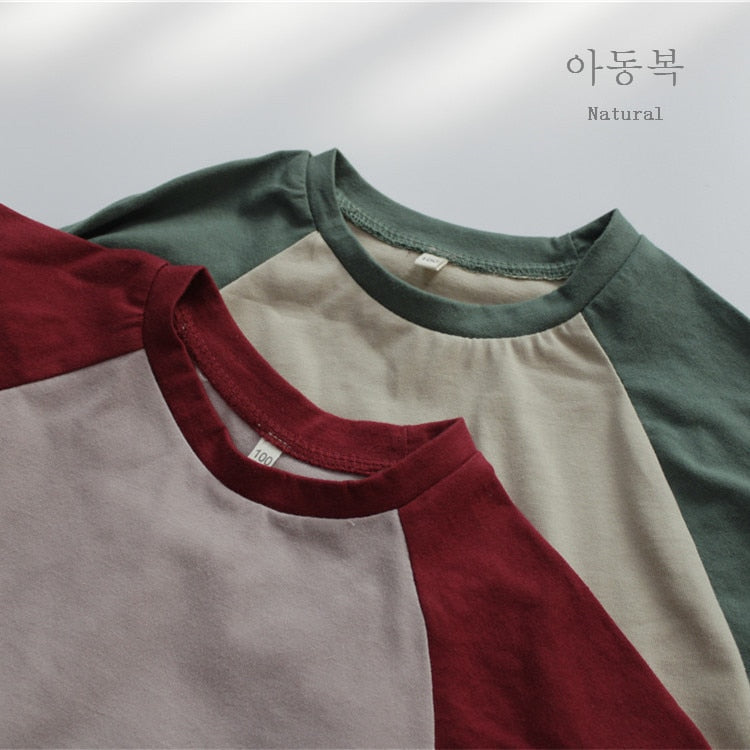 -キッズ ラグラン パッチワーク 長袖 ルーズ Tシャツ トップス - mamahalo shop - 長袖Tシャツ -  べビー服 - 子供服 - 男の子 - 女の子